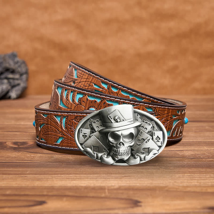 Cinturón de cuero con hebilla ovalada para hombre, hecho a mano, con diseño de calavera y dados de póquer