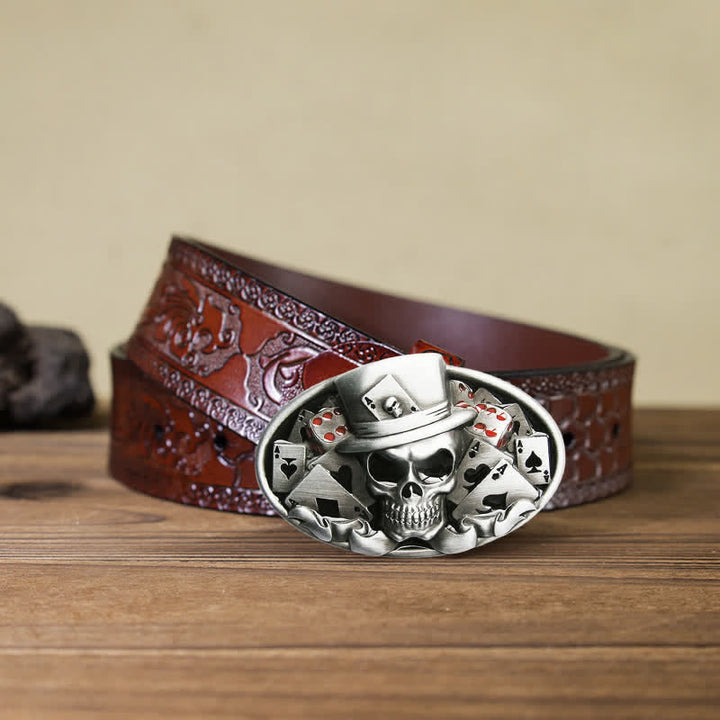 Cinturón de cuero con hebilla ovalada para hombre, hecho a mano, con diseño de calavera y dados de póquer