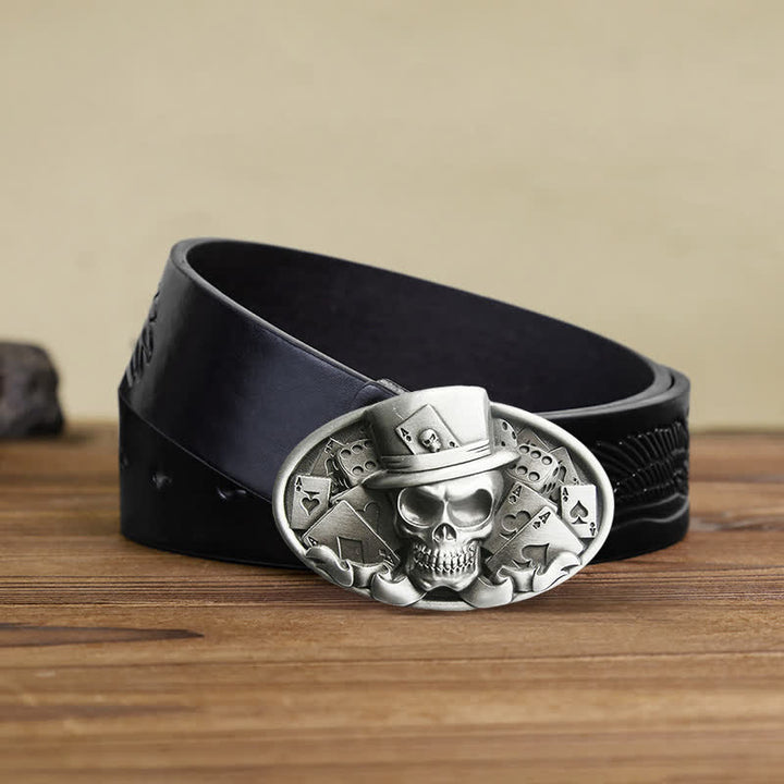 Cinturón de cuero con hebilla ovalada para hombre, hecho a mano, con diseño de calavera y dados de póquer