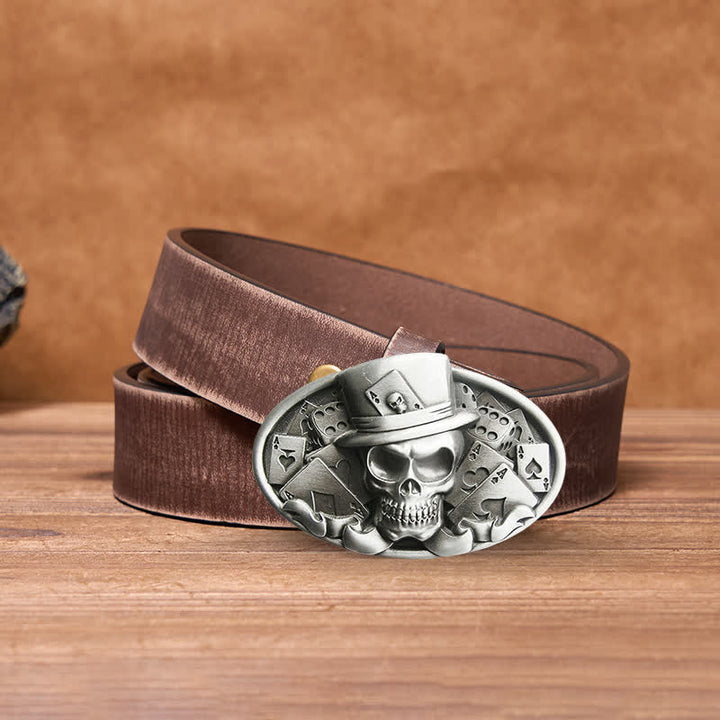 Cinturón de cuero con hebilla ovalada para hombre, hecho a mano, con diseño de calavera y dados de póquer