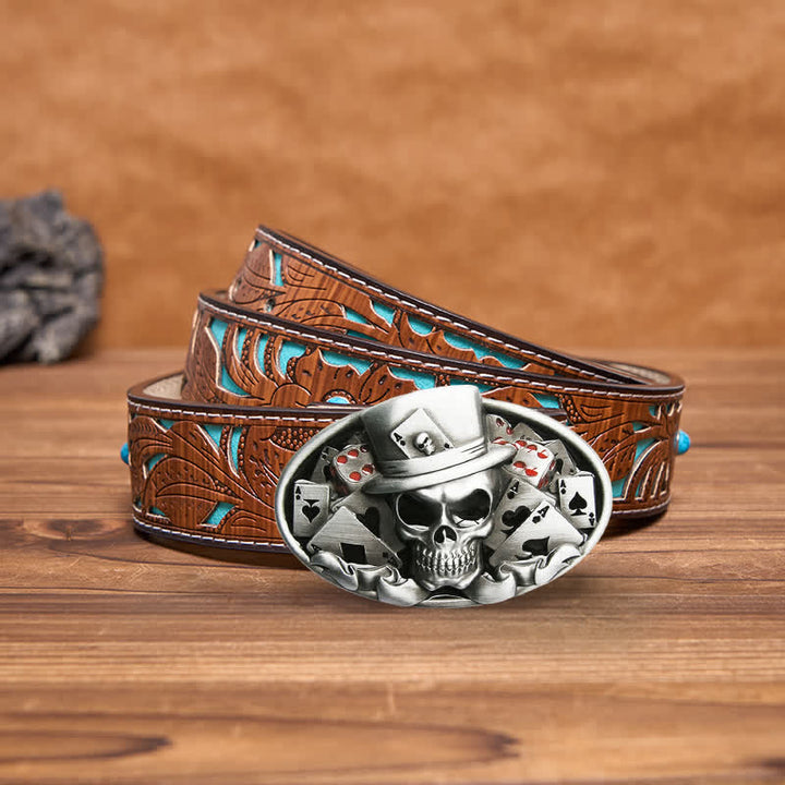 Cinturón de cuero con hebilla ovalada para hombre, hecho a mano, con diseño de calavera y dados de póquer