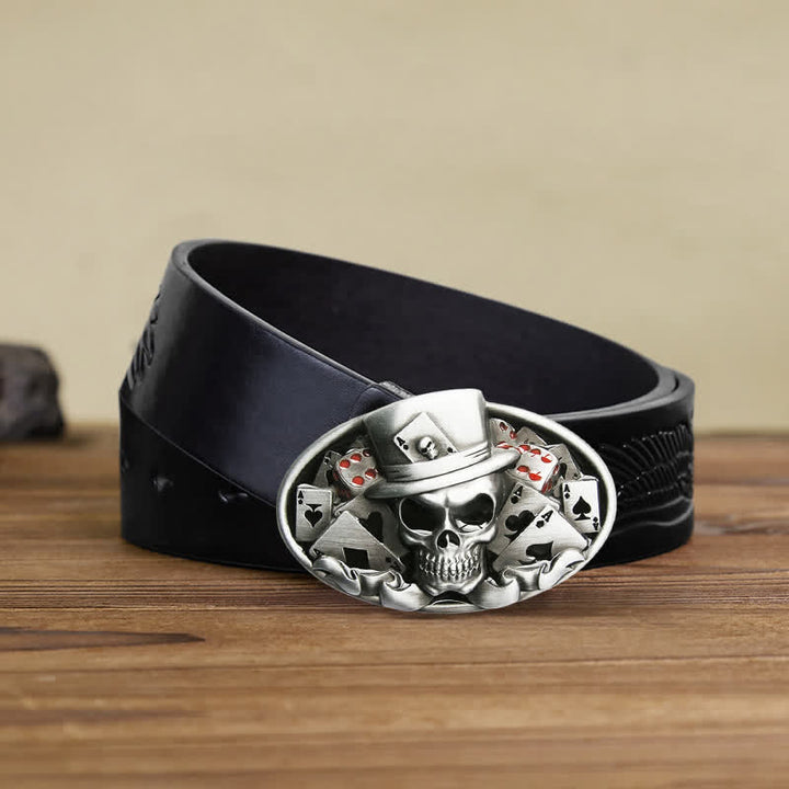 Cinturón de cuero con hebilla ovalada para hombre, hecho a mano, con diseño de calavera y dados de póquer