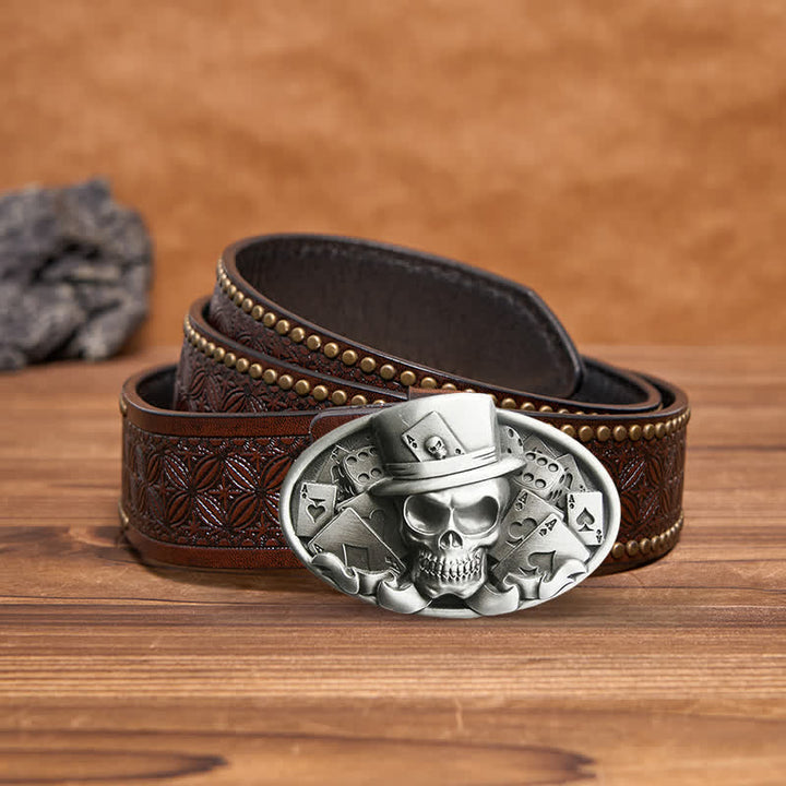 Cinturón de cuero con hebilla ovalada para hombre, hecho a mano, con diseño de calavera y dados de póquer