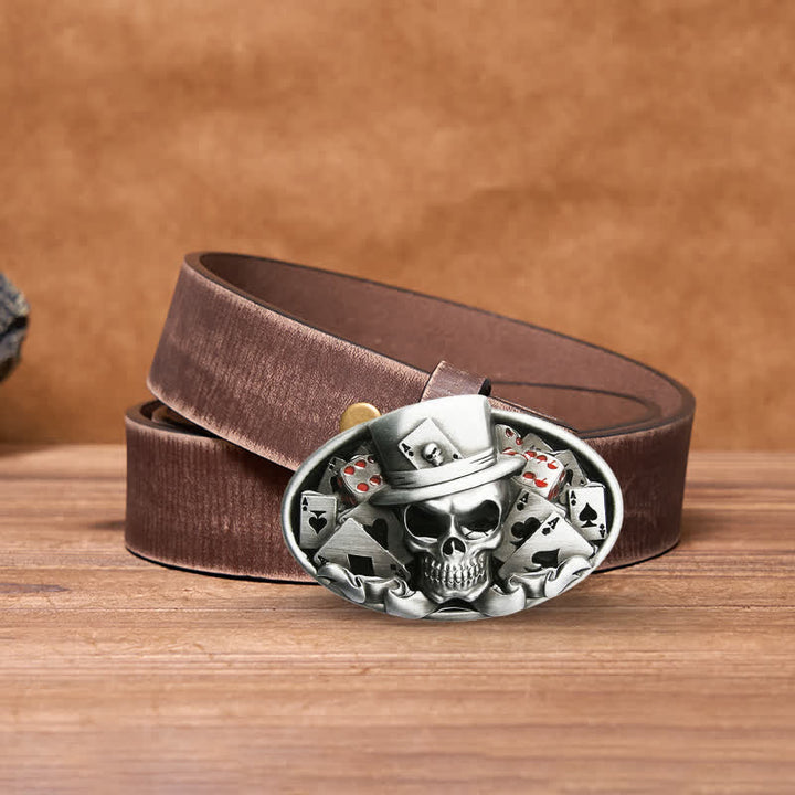 Cinturón de cuero con hebilla ovalada para hombre, hecho a mano, con diseño de calavera y dados de póquer