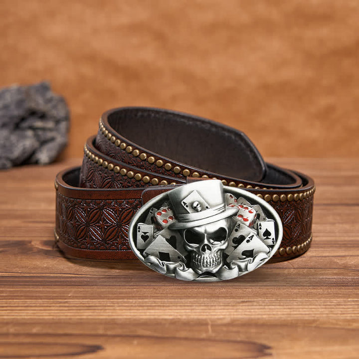 Cinturón de cuero con hebilla ovalada para hombre, hecho a mano, con diseño de calavera y dados de póquer