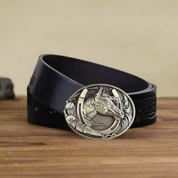 Cinturón de cuero con hebilla de herradura de bronce para hombre hecho a mano