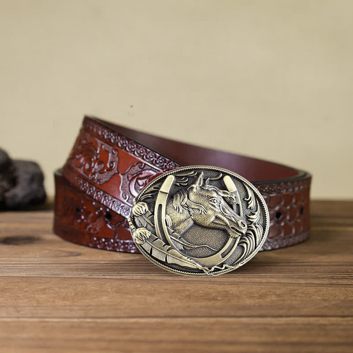 Cinturón de cuero con hebilla de herradura de bronce para hombre hecho a mano