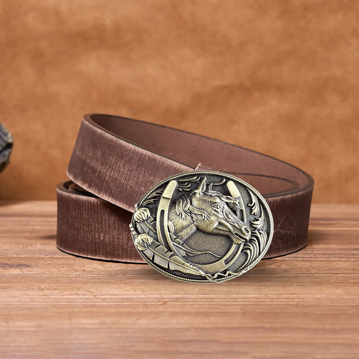 Cinturón de cuero con hebilla de herradura de bronce para hombre hecho a mano