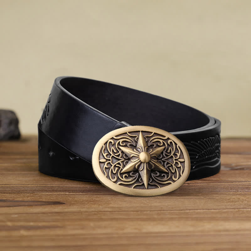 Cinturón de cuero con hebilla de estrella hexagonal de latón macizo para hombre hecho a mano
