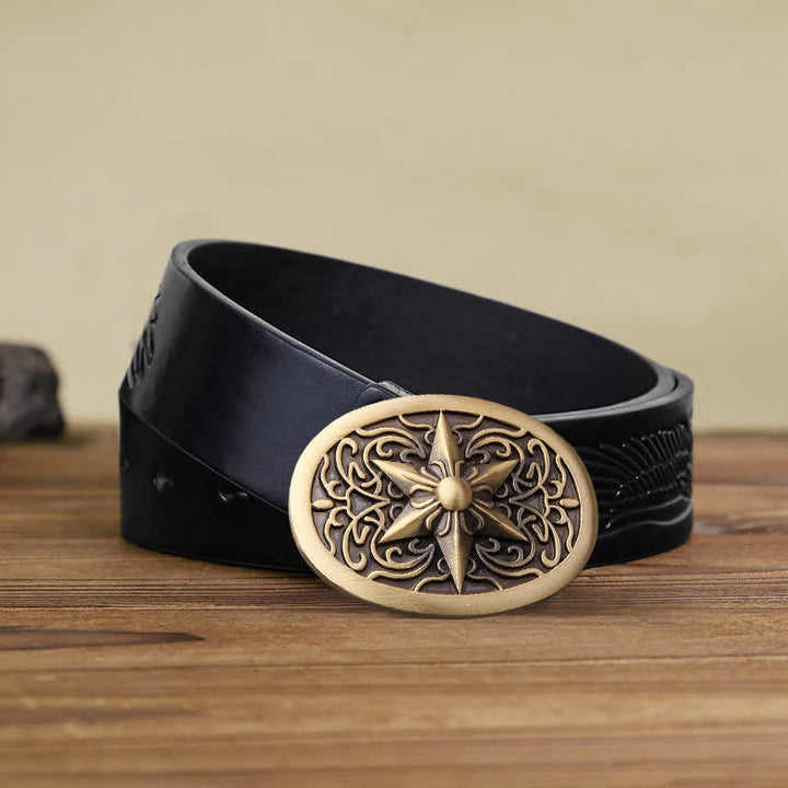 Cinturón de cuero con hebilla de estrella hexagonal de latón macizo para hombre hecho a mano