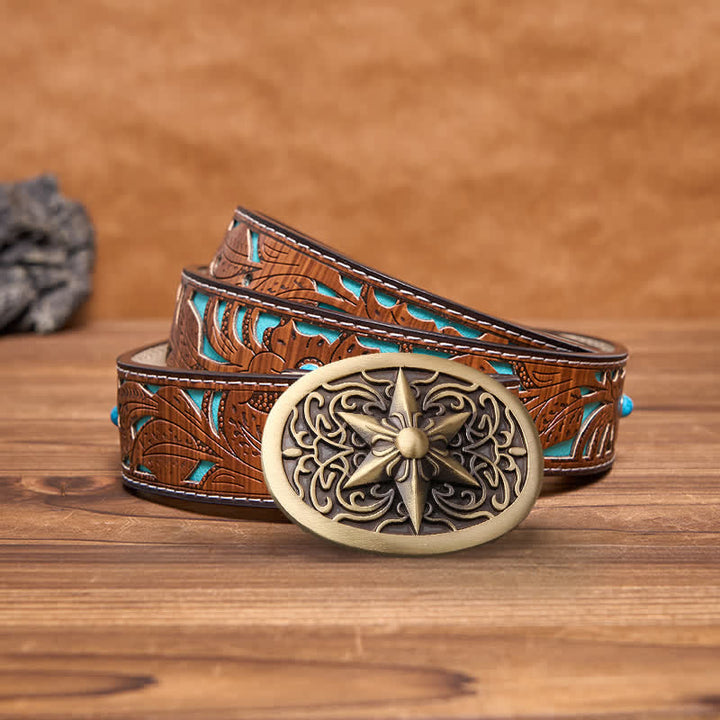 Cinturón de cuero con hebilla de estrella hexagonal de latón macizo para hombre hecho a mano