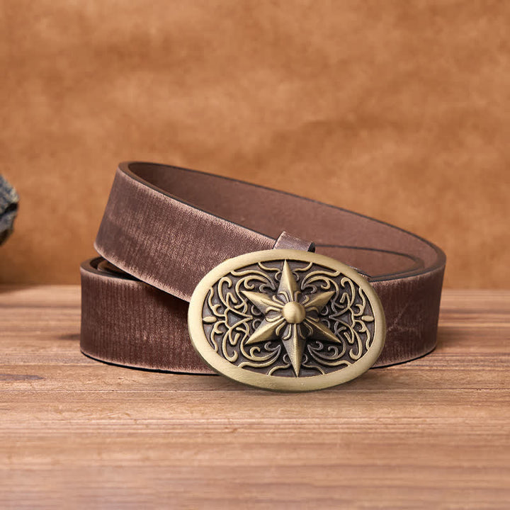 Cinturón de cuero con hebilla de estrella hexagonal de latón macizo para hombre hecho a mano