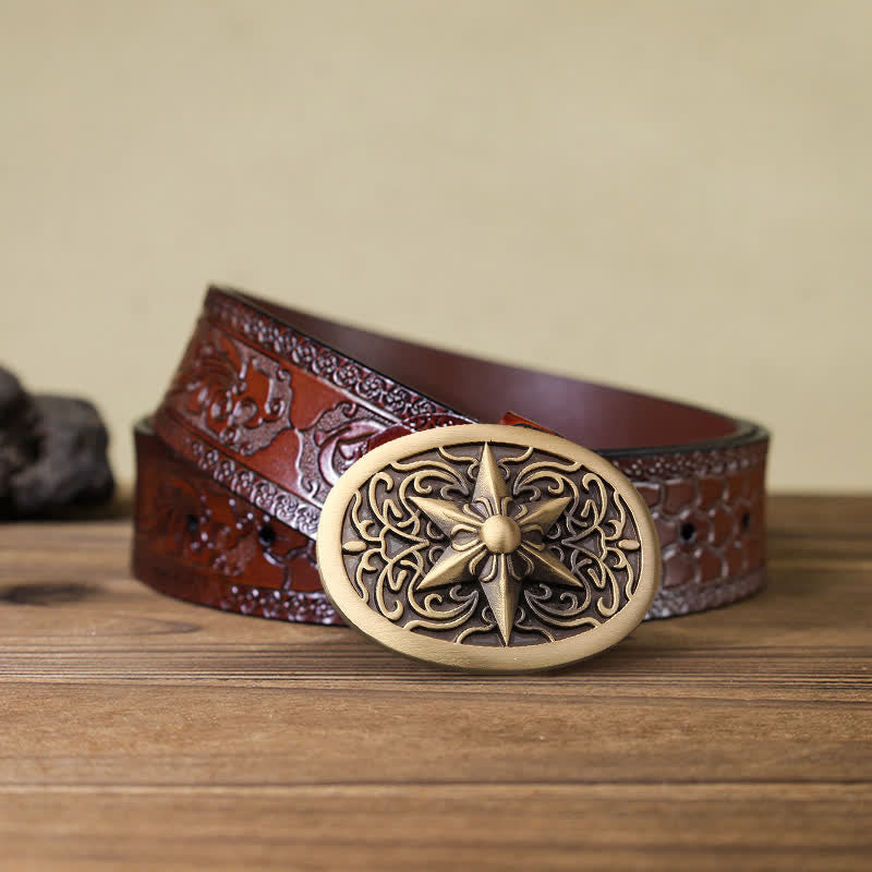 Cinturón de cuero con hebilla de estrella hexagonal de latón macizo para hombre hecho a mano