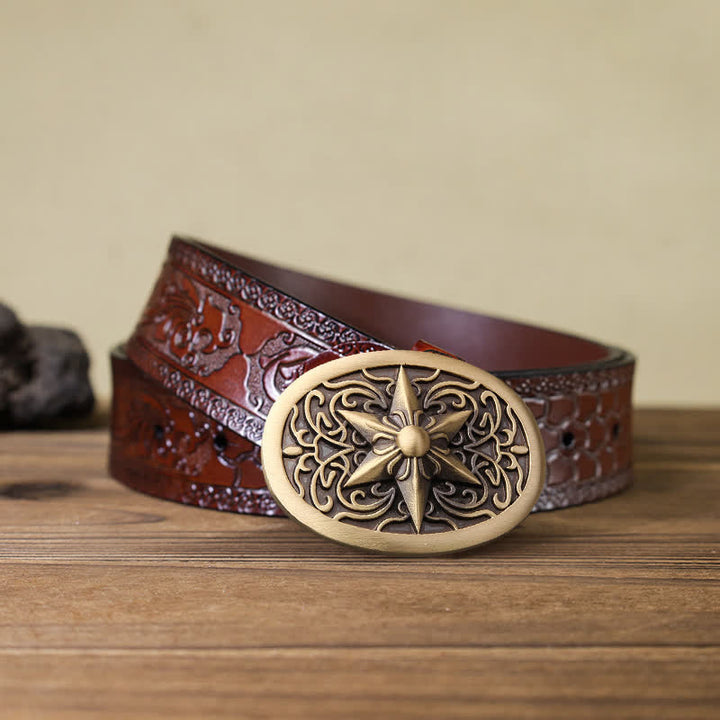Cinturón de cuero con hebilla de estrella hexagonal de latón macizo para hombre hecho a mano