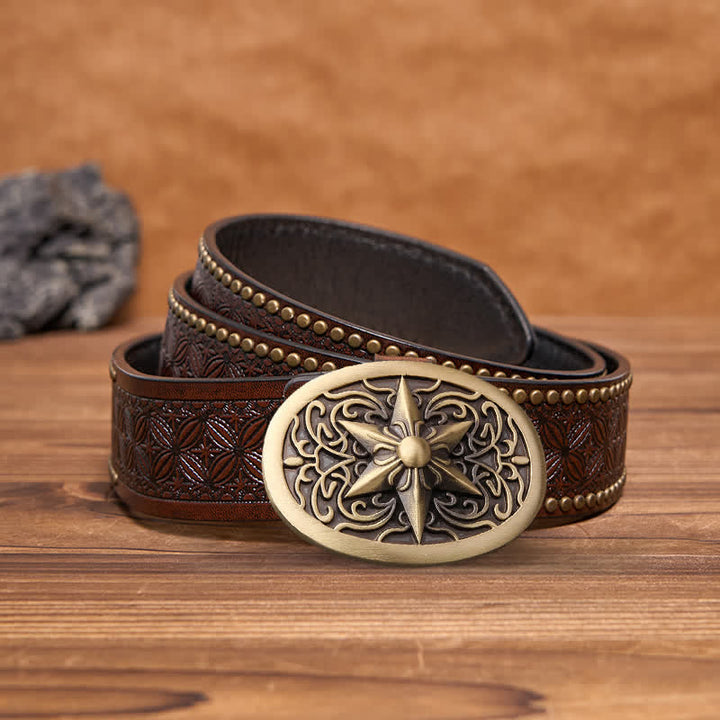 Cinturón de cuero con hebilla de estrella hexagonal de latón macizo para hombre hecho a mano