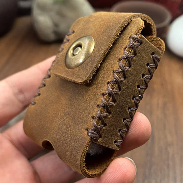Bolso de cuero para cinturón con diseño de costura hecho a mano para encendedor