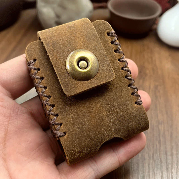 Bolso de cuero para cinturón con diseño de costura hecho a mano para encendedor
