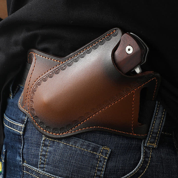 Bolsa de cuero para cinturón con funda para cuchillo plegable y portaherramientas marrón