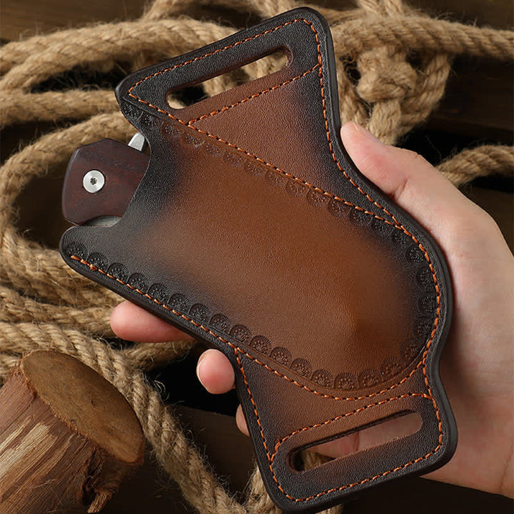 Bolsa de cuero para cinturón con funda para cuchillo plegable y portaherramientas marrón