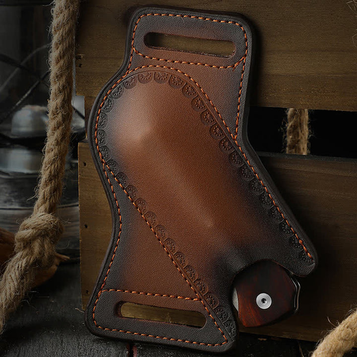 Bolsa de cuero para cinturón con funda para cuchillo plegable y portaherramientas marrón