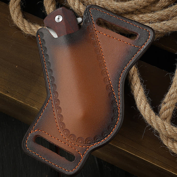 Bolsa de cuero para cinturón con funda para cuchillo plegable y portaherramientas marrón