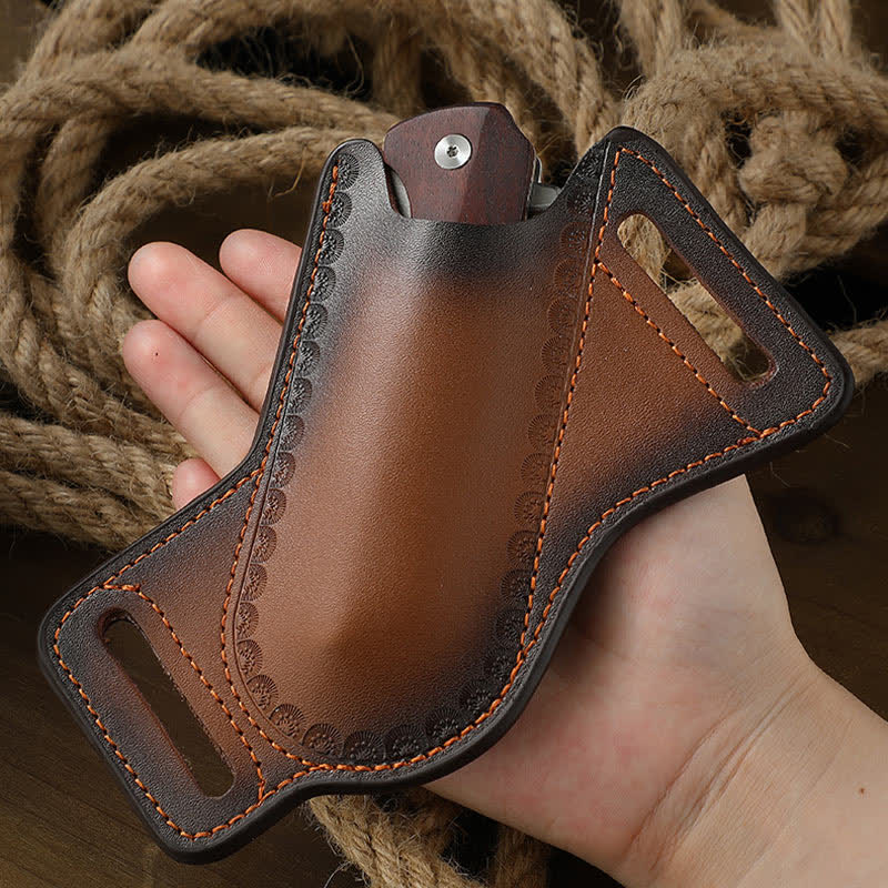 Bolsa de cuero para cinturón con funda para cuchillo plegable y portaherramientas marrón