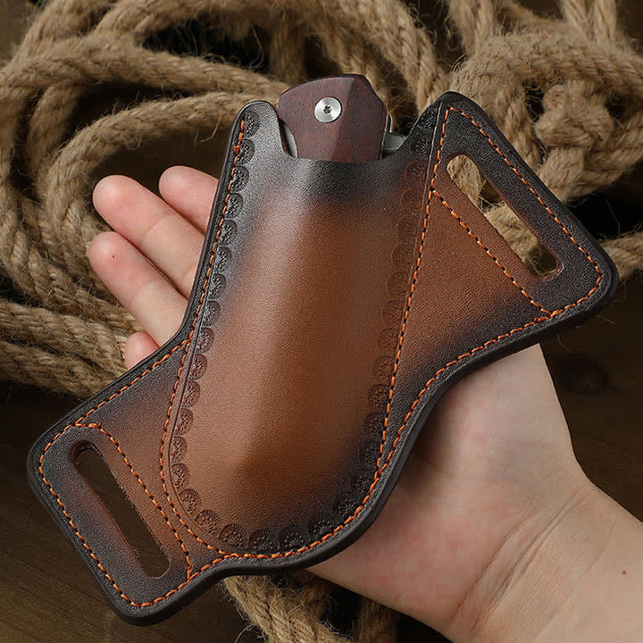 Bolsa de cuero para cinturón con funda para cuchillo plegable y portaherramientas marrón