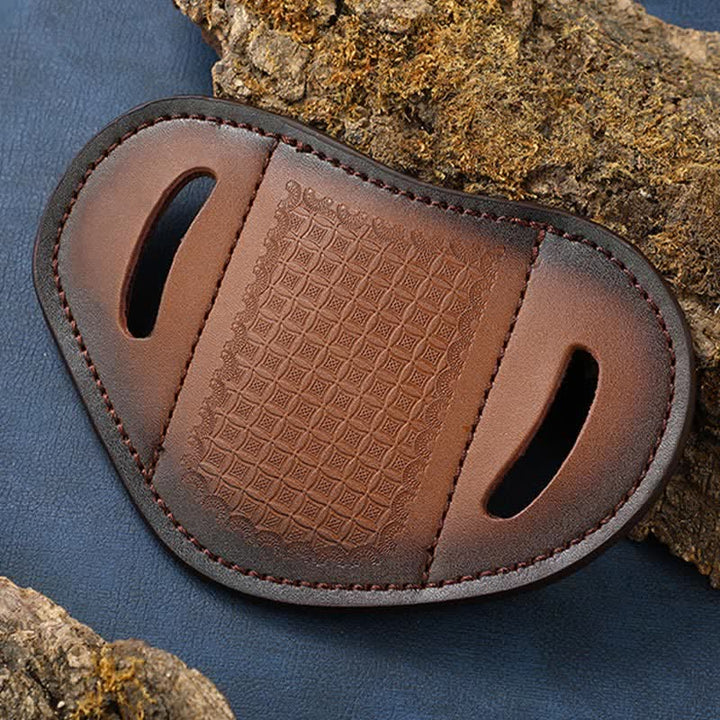 Funda de cuero para cinturón con diseño de tejido en relieve para cuchillo plegable.