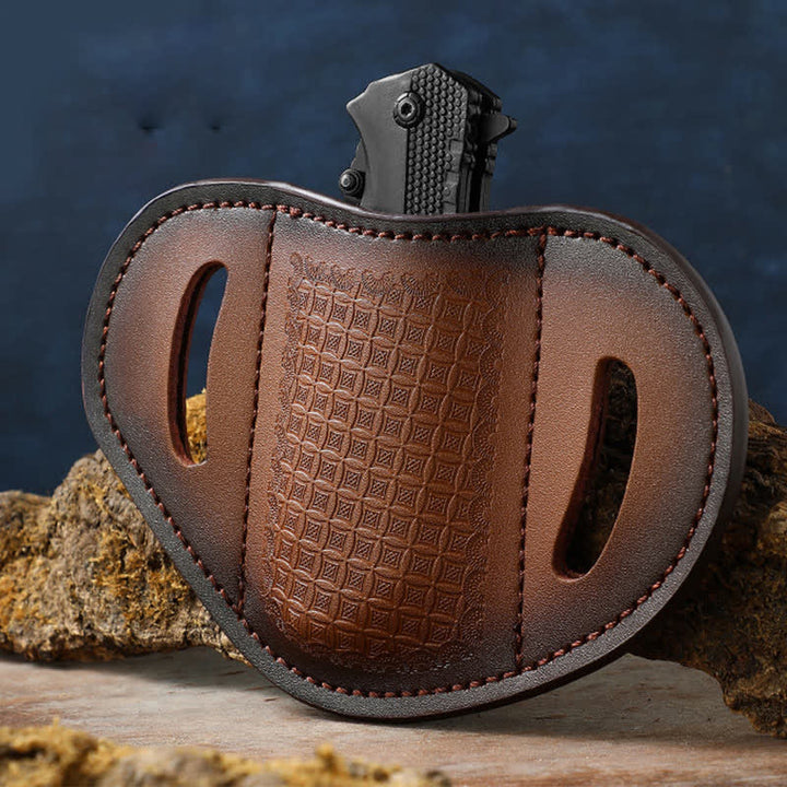 Funda de cuero para cinturón con diseño de tejido en relieve para cuchillo plegable.