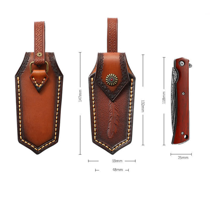 Funda de cuero para cuchillo plegable con estampado de plumas y tapa abatible