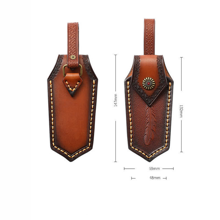 Funda de cuero para cuchillo plegable con estampado de plumas y tapa abatible