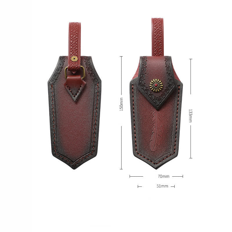 Funda de cuero para cuchillo plegable con estampado de plumas y tapa abatible