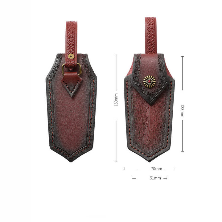 Funda de cuero para cuchillo plegable con estampado de plumas y tapa abatible