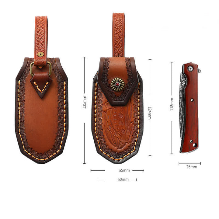 Funda de cuero para cuchillo plegable con estampado de hojas en relieve.