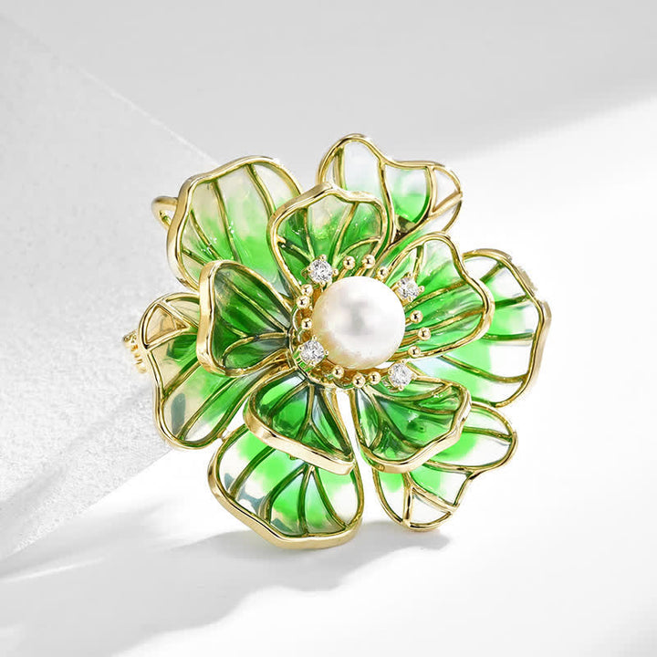 Broche de peonía verde bañado en oro esmaltado para mujer