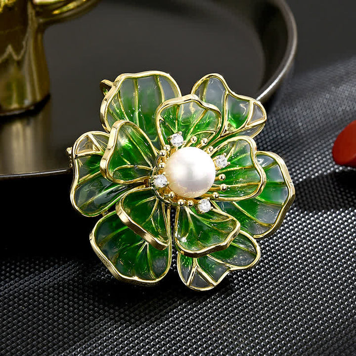 Broche de peonía verde bañado en oro esmaltado para mujer