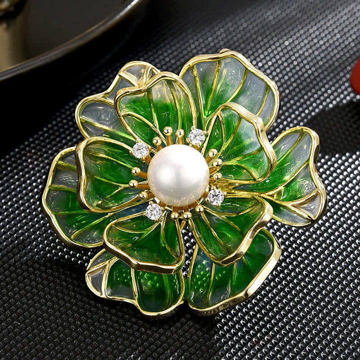 Broche de peonía verde bañado en oro esmaltado para mujer