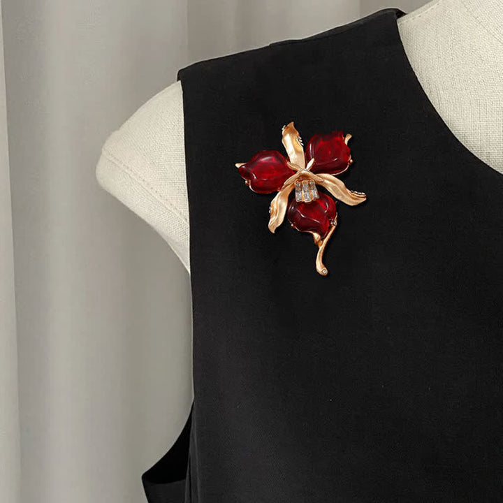 Broche de flor de pétalos de resina de orquídea de latón metálico para mujer