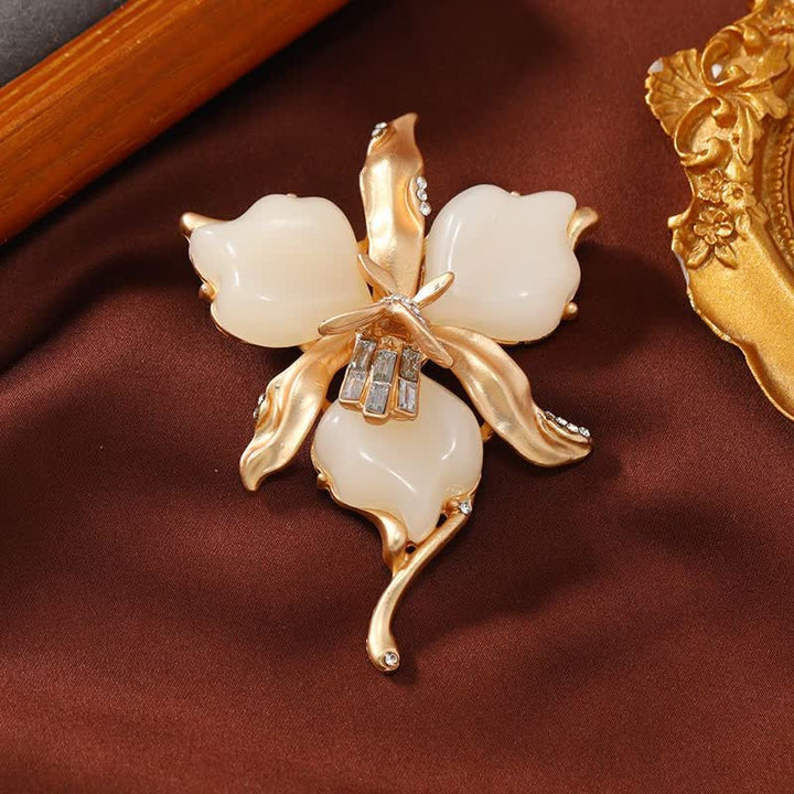 Broche de flor de pétalos de resina de orquídea de latón metálico para mujer