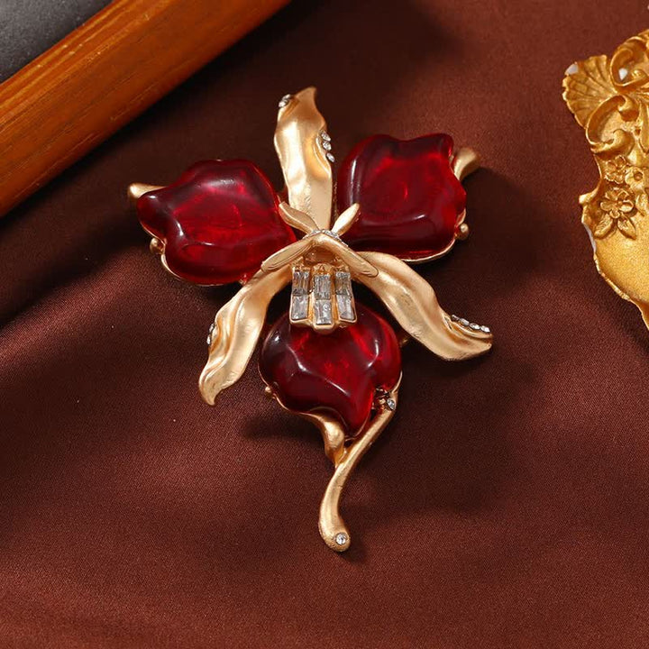 Broche de flor de pétalos de resina de orquídea de latón metálico para mujer