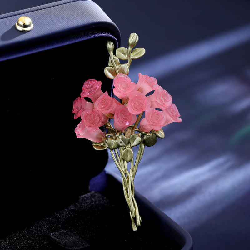 Broche romántico de ramo de rosas rosas y verdes para mujer