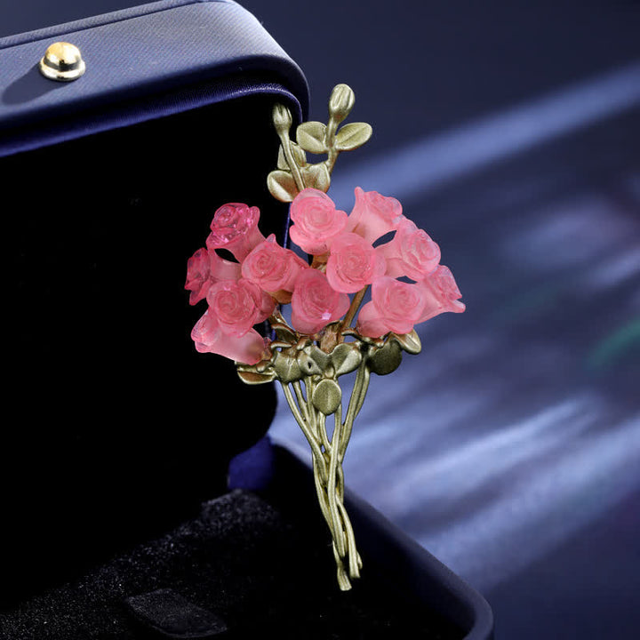 Broche romántico de ramo de rosas rosas y verdes para mujer