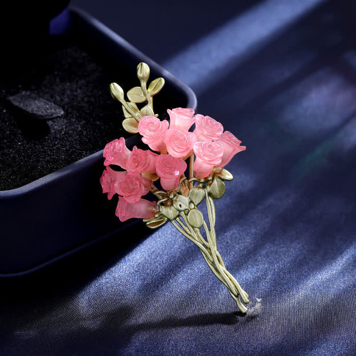 Broche romántico de ramo de rosas rosas y verdes para mujer
