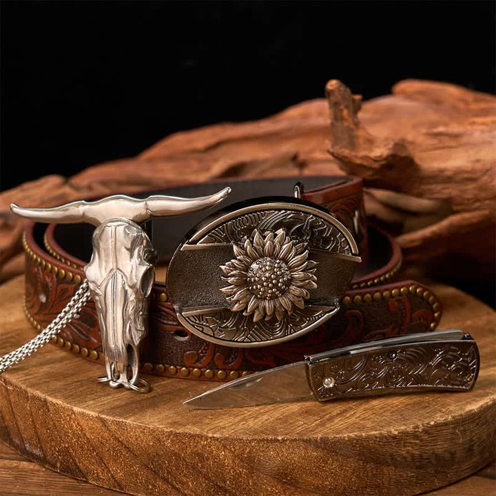 Conjunto de colgante de toro de cuernos largos con hebilla de cuchillo oculto de Western Gadget DIY