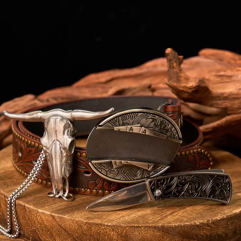 Conjunto de colgante de toro de cuernos largos con hebilla de cuchillo oculto de Western Gadget DIY