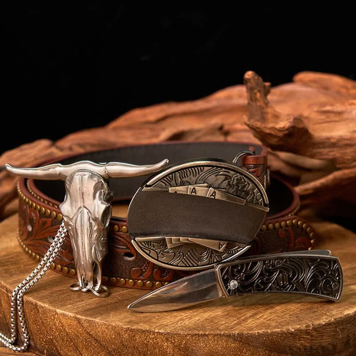 Conjunto de colgante de toro de cuernos largos con hebilla de cuchillo oculto de Western Gadget DIY