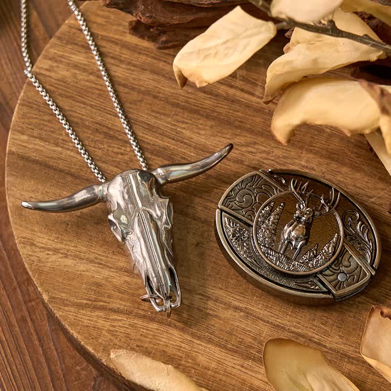 Conjunto de colgante de toro de cuernos largos con hebilla de cuchillo oculto de Western Gadget DIY