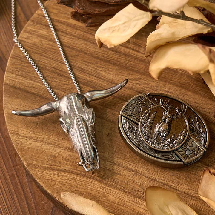 Conjunto de colgante de toro de cuernos largos con hebilla de cuchillo oculto de Western Gadget DIY