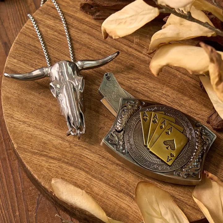 Conjunto de colgante de toro de cuernos largos con hebilla de cuchillo oculto de Western Gadget DIY