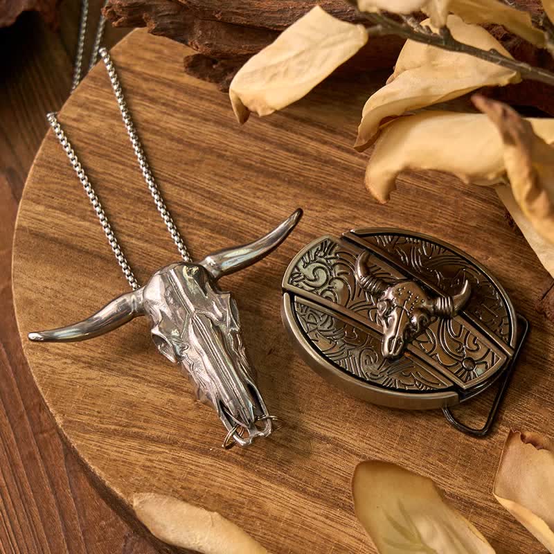 Conjunto de colgante de toro de cuernos largos con hebilla de cuchillo oculto de Western Gadget DIY